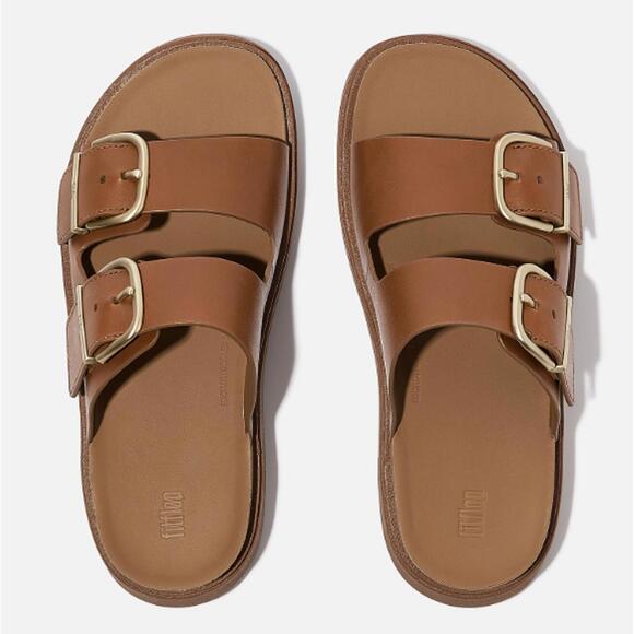 FitFlop GEN-FF Buckle Two-Bar Leather Slides Light Tan Size 8.5 - Picture 1 of 8